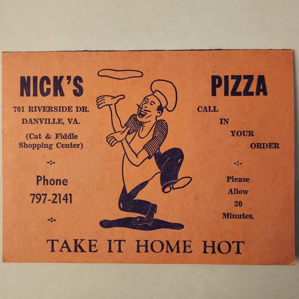 Orange flyer for Nick's Pizza with a cartoon chef tossing dough and contact information.