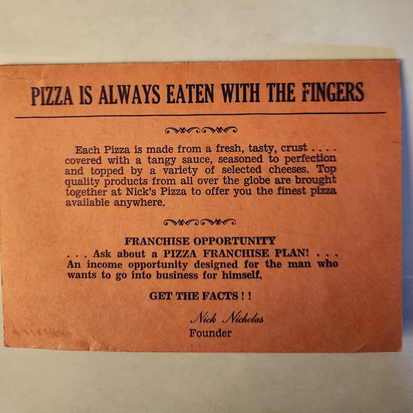 An orange flyer for Nick's Pizza, advertising pizza and franchise opportunities.