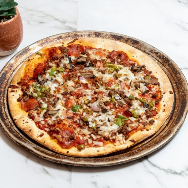 Pete's Pizza's supreme pizza with pepperoni, sausage, mushrooms, onions, and green peppers.