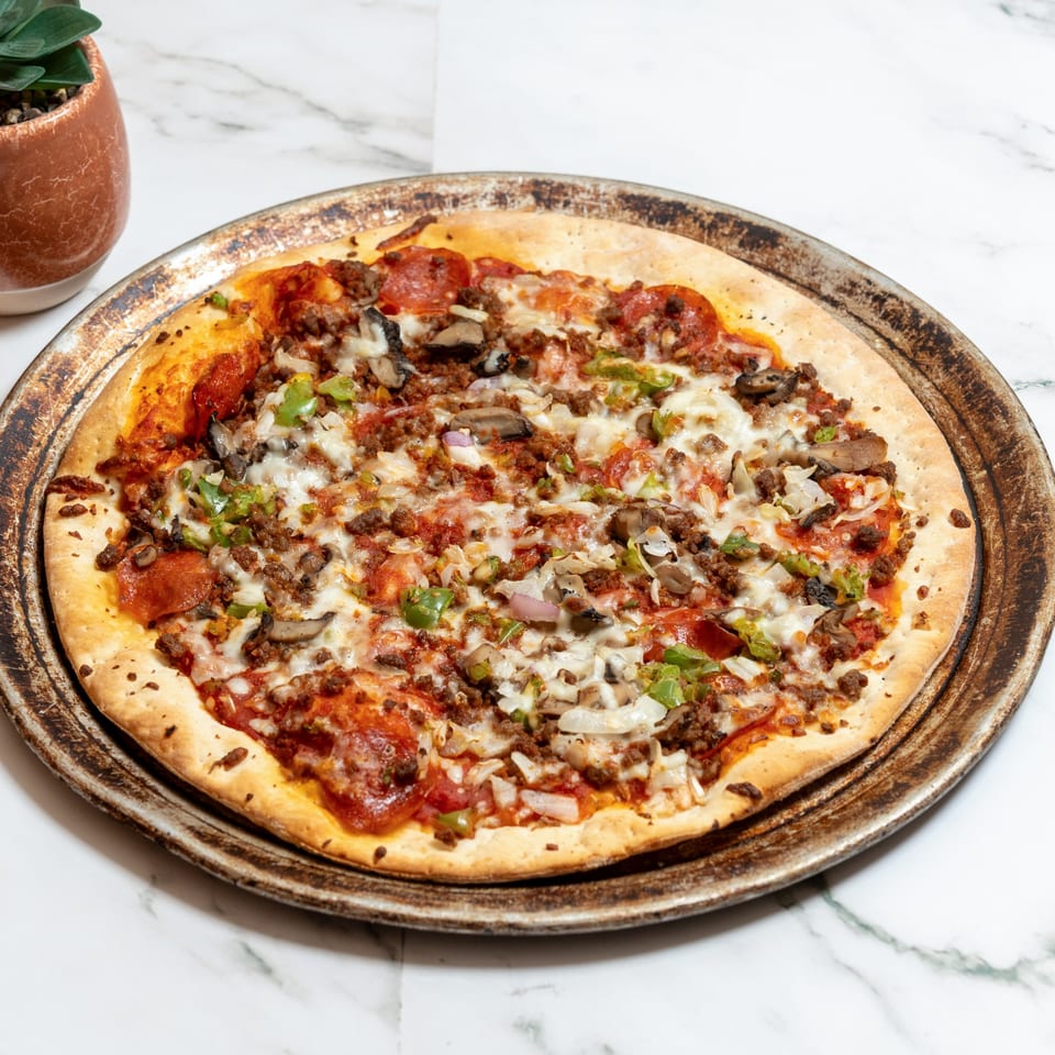 Pete's Pizza's supreme pizza with pepperoni, sausage, mushrooms, onions, and green peppers.