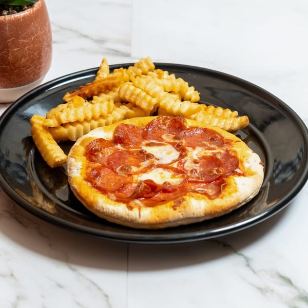 A small pepperoni pizza and crinkle-cut fries on a black plate from Pete's Pizza.