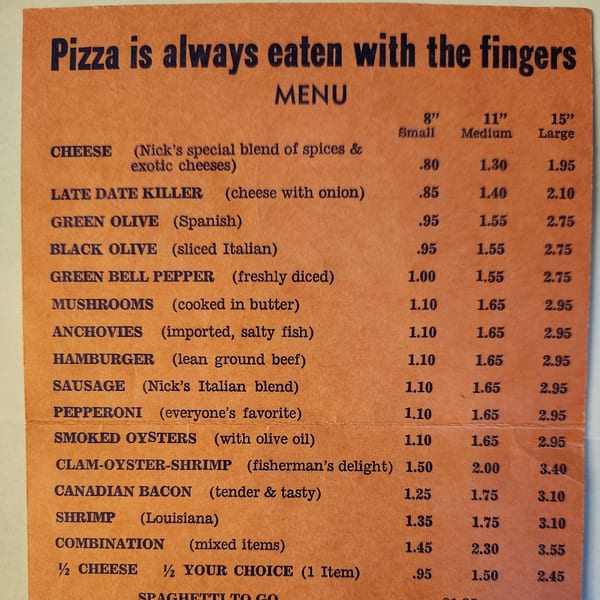 A vintage Pete's Pizza menu on orange paper, listing various pizza toppings and prices.