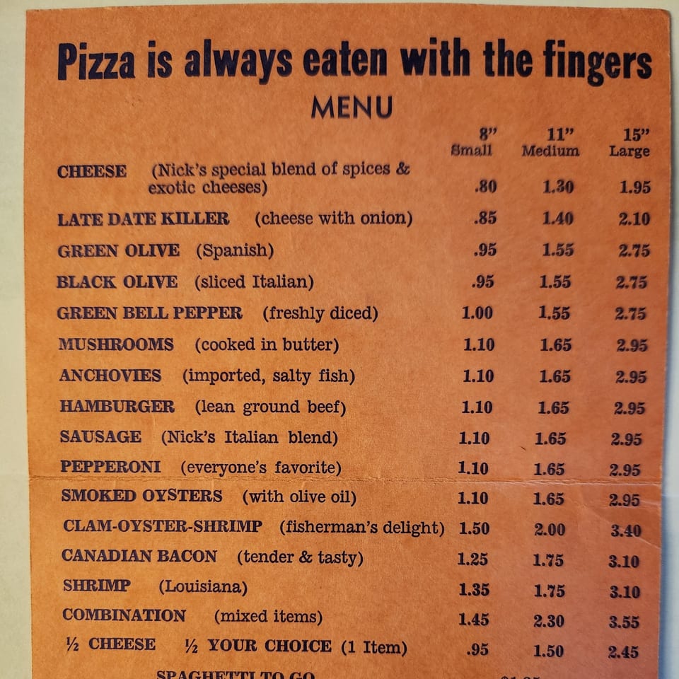 A vintage Pete's Pizza menu on orange paper, listing various pizza toppings and prices.